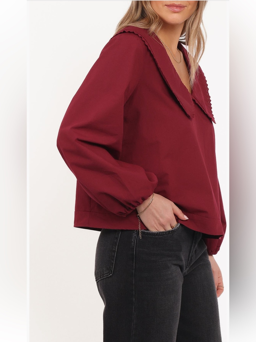 Petal & Pup Kenna Poplin Top S Burgundy Peter Pan Collar Blouse NWOT - Picture 3 of 8